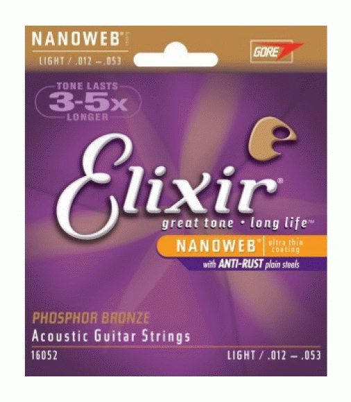 Elixir E16052 Nanoweb Phosphor Bronze Light Acoustic Strings, 12-53