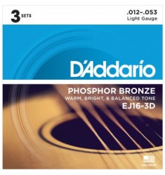 D'Addario EJ16-3D Bronze Acoustic Guitar Strings, Light, 3 Sets