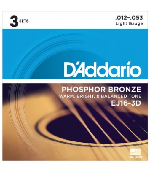 D'Addario EJ16-3D Bronze Acoustic Guitar Strings, Light, 3 Sets