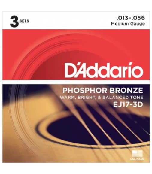 D'Addario EJ17-3D Acoustic Guitar Strings, Medium, 13-56, 3 Sets