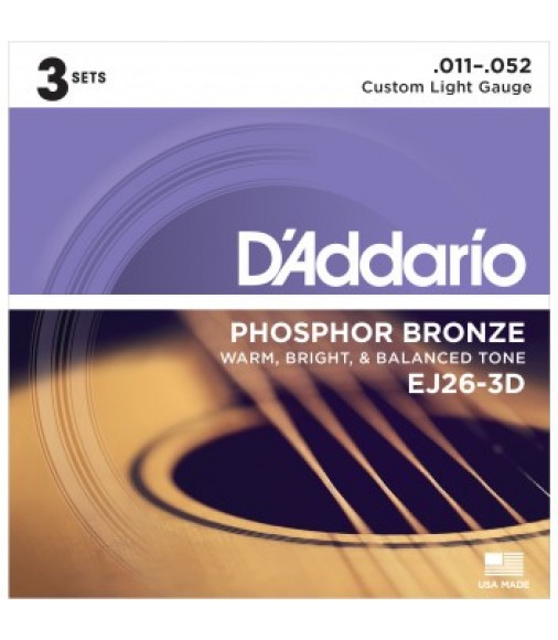 D'Addario EJ26-3D Acoustic Guitar Strings, Custom Light, 11-52, 3 Sets