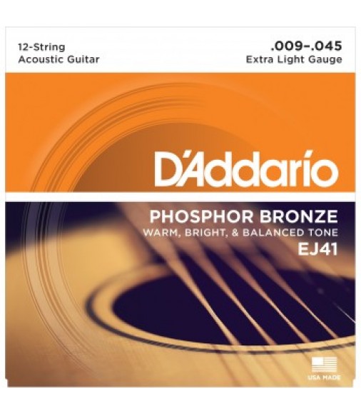 D'Addario EJ41 12-String Acoustic Guitar Strings, Extra Light, 9-45
