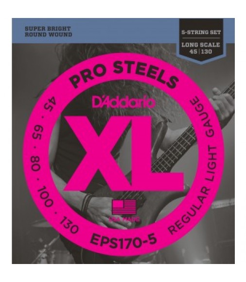 D'Addario EPS170-5 5-String ProSteels Bass Strings, Light, 45-130,