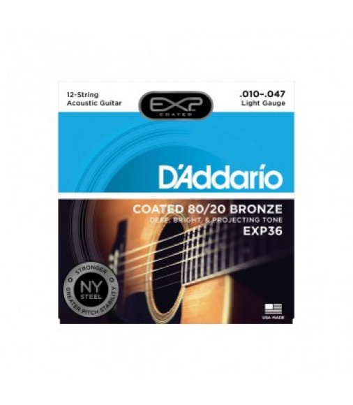 D'Addario EXP36 Coated 12-String Acoustic Strings, Light, 10-47