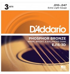 D'Addario EJ15-3D Bronze Acoustic Guitar Strings, Extra Light, 3 Sets