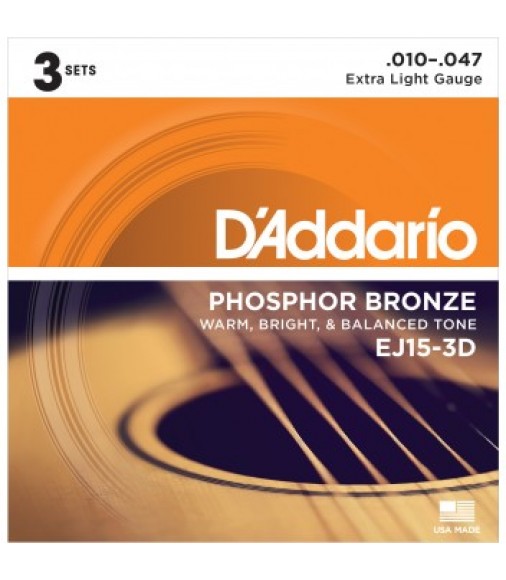 D'Addario EJ15-3D Bronze Acoustic Guitar Strings, Extra Light, 3 Sets