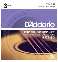 D'Addario EJ26-3D Acoustic Guitar Strings, Custom Light, 11-52, 3 Sets