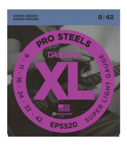 D'Addario EPS520 ProSteels Electric Guitar Strings, Super Light, 9-42