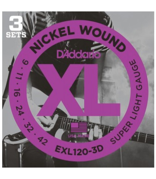 D'Addario EXL120-3D Nickel Wound Electric Guitar Strings 9-42 (3 Sets)