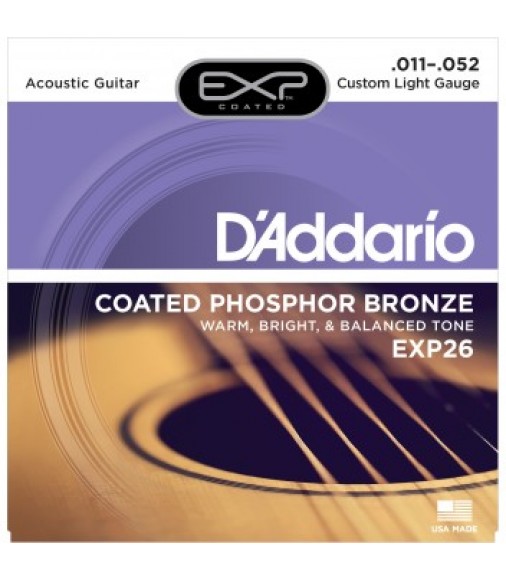 D'Addario EXP26 Coated Acoustic Guitar Strings, Custom Light, 11-52