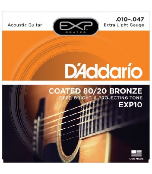 D'Addario EXP10 Coated Acoustic Guitar Strings,Extra Light, 10-47