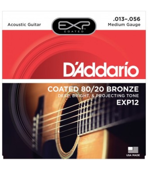 D'Addario EXP12 Coated Bronze Acoustic Guitar Strings, Medium, 13-56