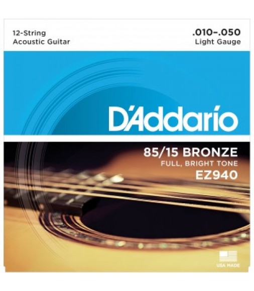 D'Addario EZ940 85/15 12-String Acoustic Guitar Strings, Light, 10-47